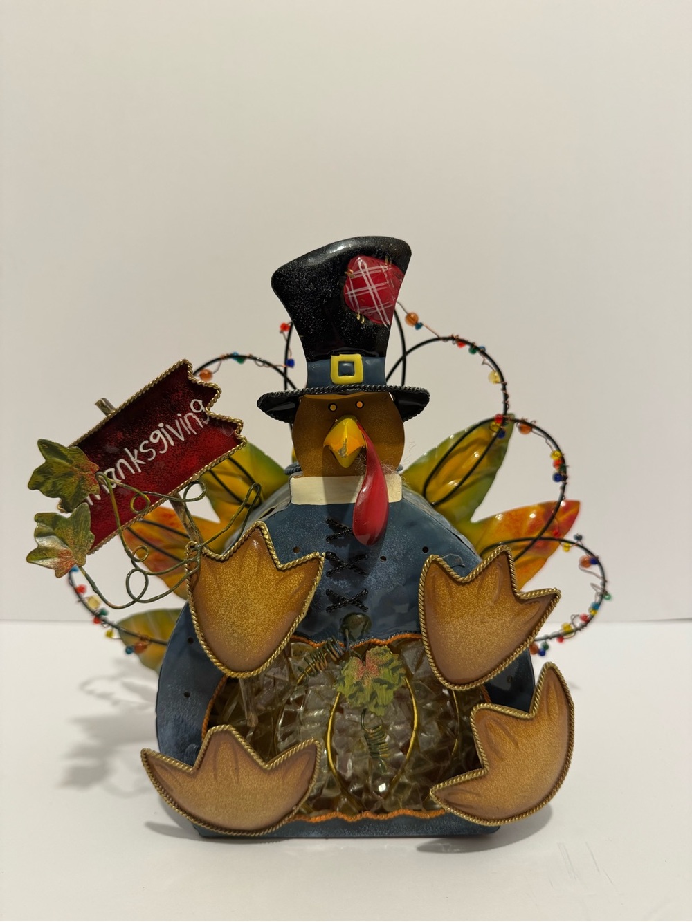 Thanksgiving Pilgrim Turkey Tea Light Holder Colorful Holiday Metal Sculpture